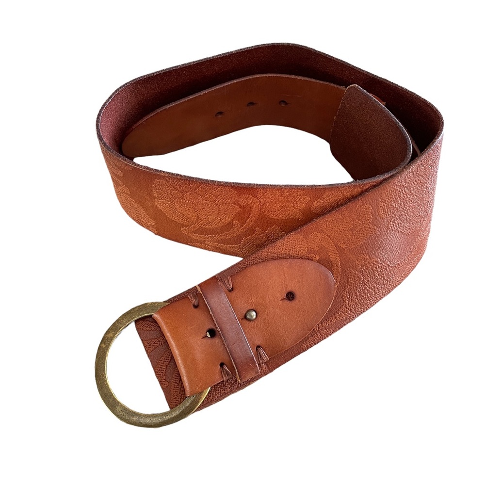 LINEA PELLE BROWN WIDE LEATHER BELT FLORAL DESIGN, HANDMADE ADJUSTABLE 40”